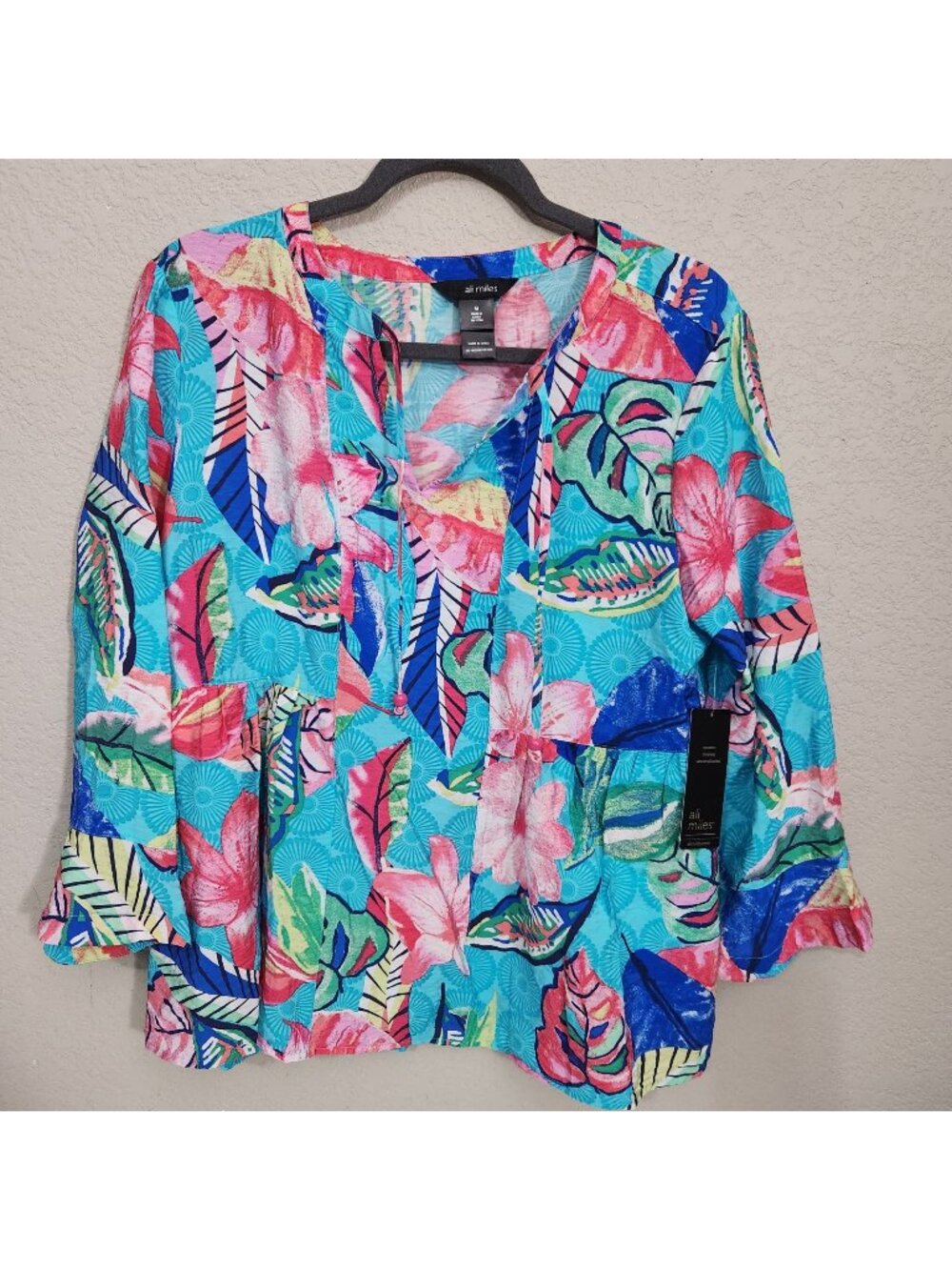 Ali Miles Womens Floral Print Tunic Top With Bell Sleeves Size M
